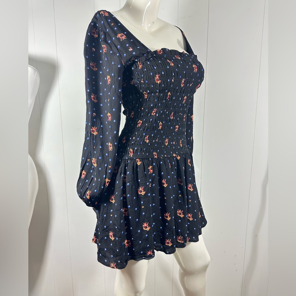 NWT Free People Black Smocked Floral Mini Dress Size Small S Long Sleeve - Picture 5 of 12